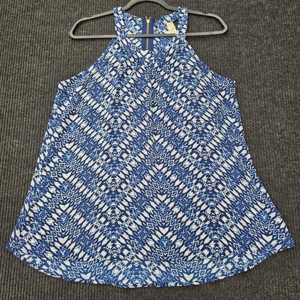 Olive & Oak Blue White Geometric Halter Neck Sleeveless Blouse Top Large